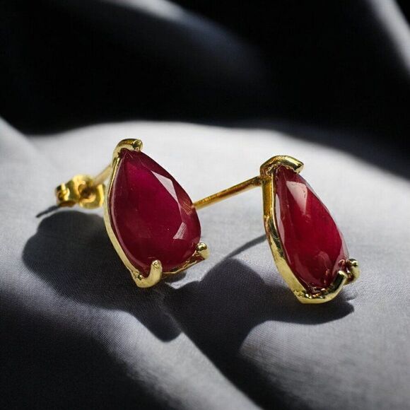 10k Gold Ruby Earrings Natural 2.8 CTTW Pear Cut Earth Mined Ruby Stud Earrings - Picture 6 of 16